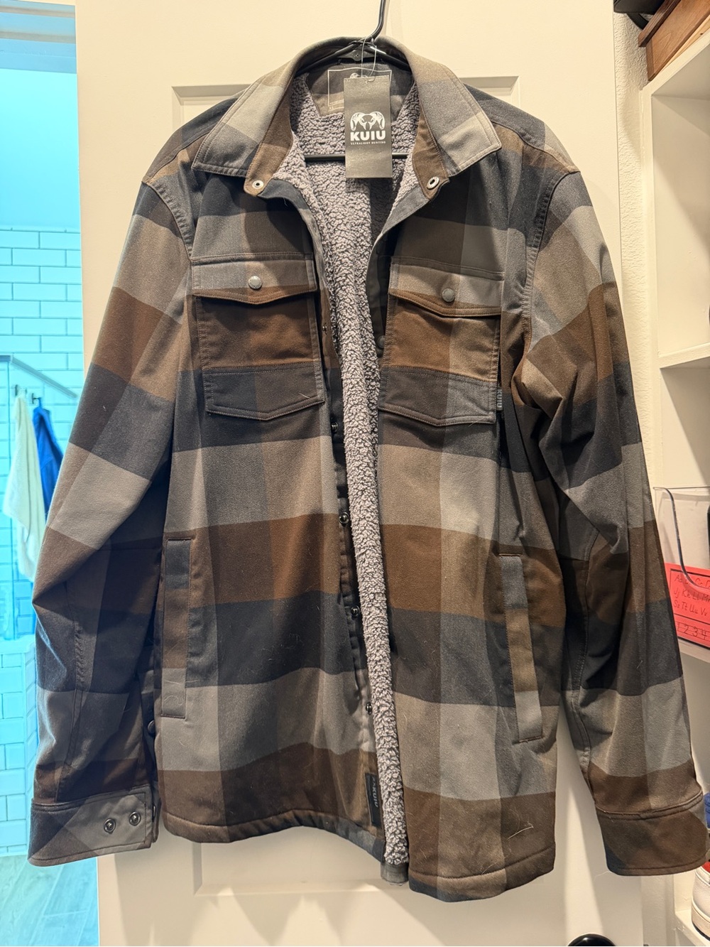 KUIU Plaid Sherpa-Lined Jacket in Brown and Gray